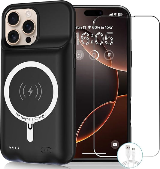 Wireless Charging Case for iPhone 16 Pro Max, 12000mAh High Capacity Portable Rechargeable Battery Case Qi Wireless Charging with iPhone 16 Pro Max (6.9 inch) Extended Battery Charger Cover(Black)