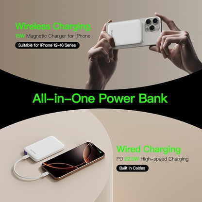 Ouotoo Ultra-Thin Magnetic Power Bank 5000mAh, 15W Fast Wireless Charging Portable Battery Pack, 20W USB-C PD Magsafe Compatible for iPhone 17 16 15 14 13 12, LED Display/Portable/Travel/Pocket