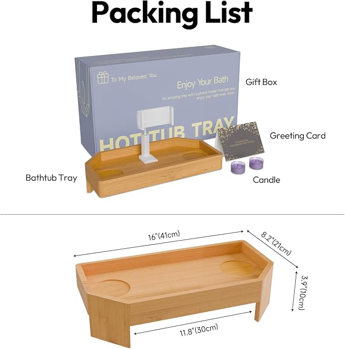 POOLCOMFT Bamboo Hot Tub Tray with Adjustable Phone Holder, Non Slip Hot Tub Table with Card & Scented Candle, Hot Tub Accessories - Unique Gift Idea for Spa Lover, Women, Parents