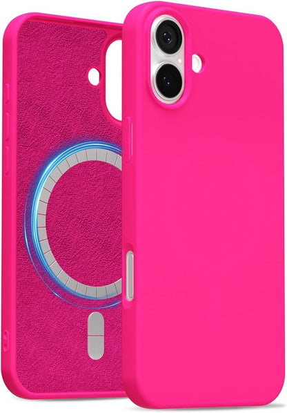 for iPhone 16 Plus Case Silicone Compatible with Magsafe Case, Ultra Slim Thin Magnetic Phone Cases Mag Safe, Cute Soft Rubber Gel TPU Matte Plain Wireless Charging Cover for Women, Hot Pink