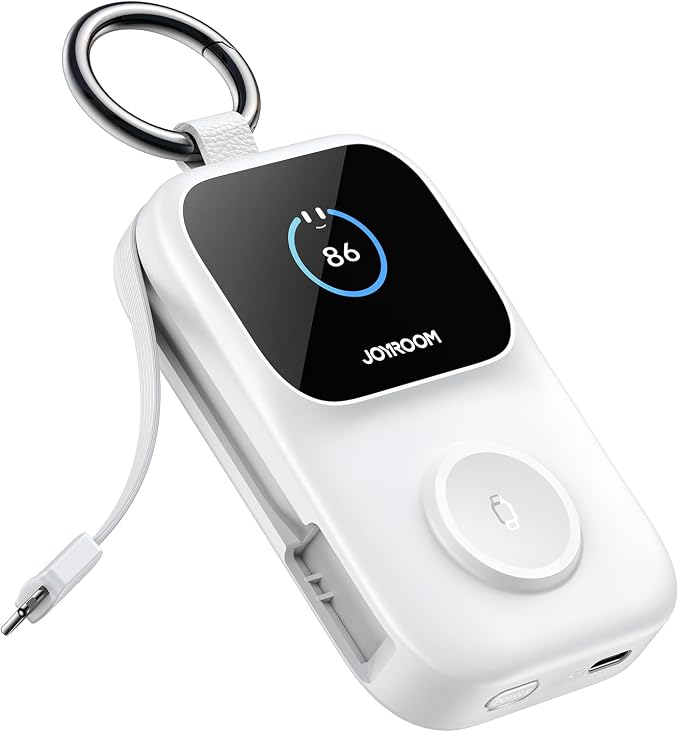 JOYROOM Portable Charger for Apple Watch, 5000mAh Power Bank 20W PD Fast Charging Dual Built-in Cables &4 Outputs, Compact Travel Keychain Battery Pack for iPhone 17/16/15/14/13& Apple Watch, White