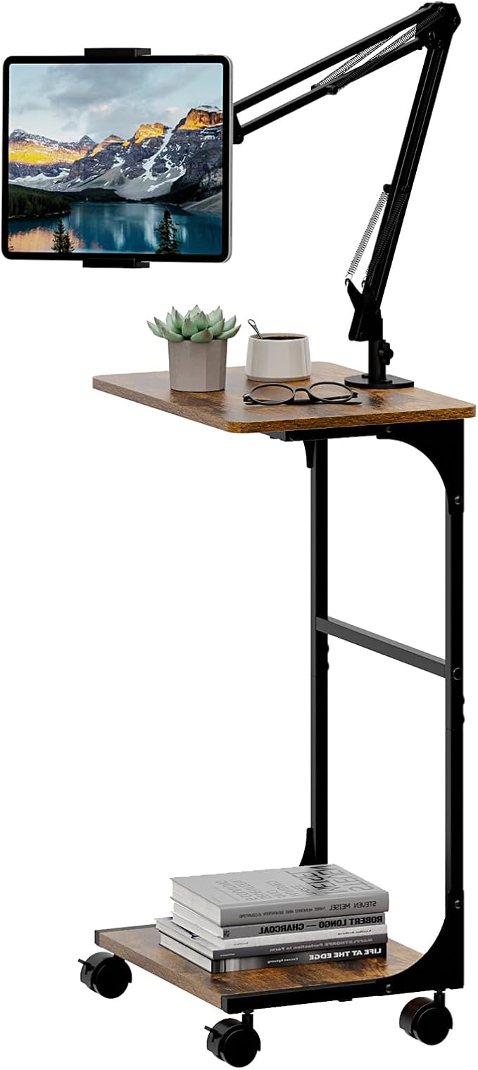 Floor Kindle Tablet iPad Stand with 2-Tier Storage Shelves,Angle Height Adjustable iPad Tablet Kindle Holder for Bed with 360-Degree Rotating Wheels, Compatible with 4.7"-13" Kindle Cell Phone iPhone