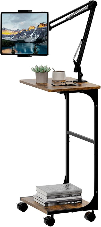 Floor Kindle Tablet iPad Stand with 2-Tier Storage Shelves,Angle Height Adjustable iPad Tablet Kindle Holder for Bed with 360-Degree Rotating Wheels, Compatible with 4.7"-13" Kindle Cell Phone iPhone