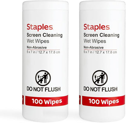 Staples Screen Cleaning Wipes – 100 per Tub, Safe for Monitors, Laptops & Electronics, 2‑Pack