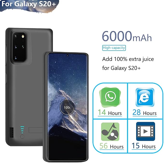 Sitong Battery Case for Samsung Galaxy S20+ Plus 5G, 6000mAh Rechargeable Extended Battery Charging Charger Case, Add 100% Extra Juice, Not Compatible with Galaxy S20 FE (6.7 inch) Black