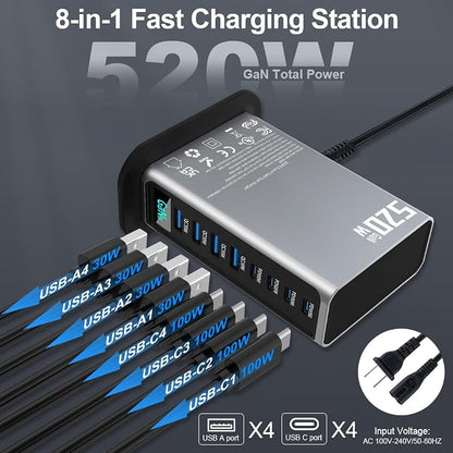 520W USB C Fast Charger Block, PD 3.1 100W 8 Port USB Charging Station, GaN Ⅲ Fast Charging Station for Multiple Devices, Laptop Wall Charger Compatible with iPhone 17/iPad/MacBook etc