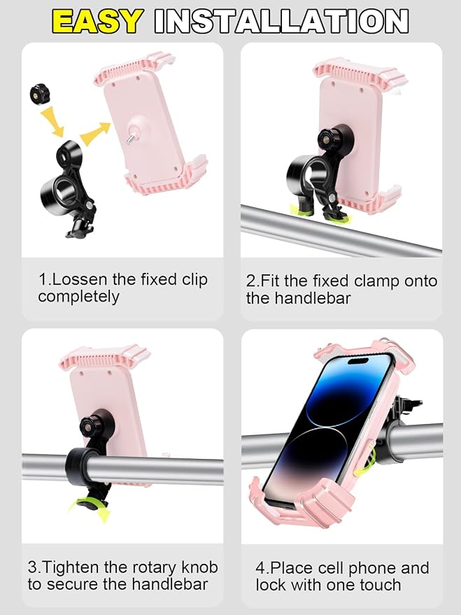 Bicycle Phone Holder,Motorcycle Handlebar Phone Mount,1S Quick Lock Release,360°Rotation Silicone Wrapped Phone Clamp Stand for E-bike,Scooter ATV Strollers Bike Phone Clip,for 4.7- 6.8"Phones