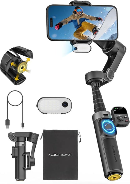 AOCHUAN AI Face Tracker Gimbal Stabilizer for iPhone w/Magnetic Remote, 360° Pan Rotation 3-Axis Gimbal for iPhone, Stabilizer w/Light, Built-in Extension Rod & One-Touch Open Tripod, Volg, Sport