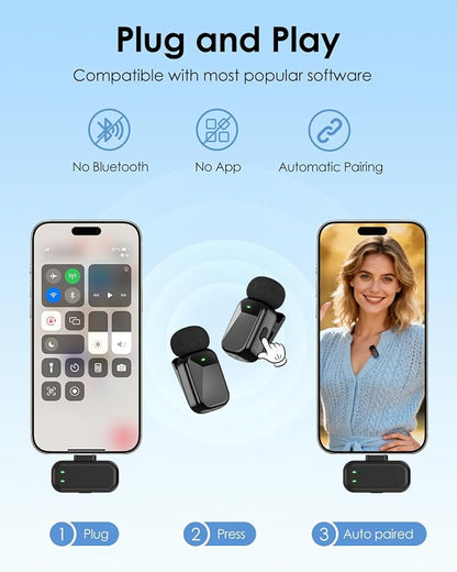 PoP voice Mini Wireless Lavalier Microphone for iPhone 17 16 15 & Android，Noise Cancellation，48KHz 16-Bit,24H Battery Life with Charging Case for Video Recording Podcast, Tiktok, Vlogging