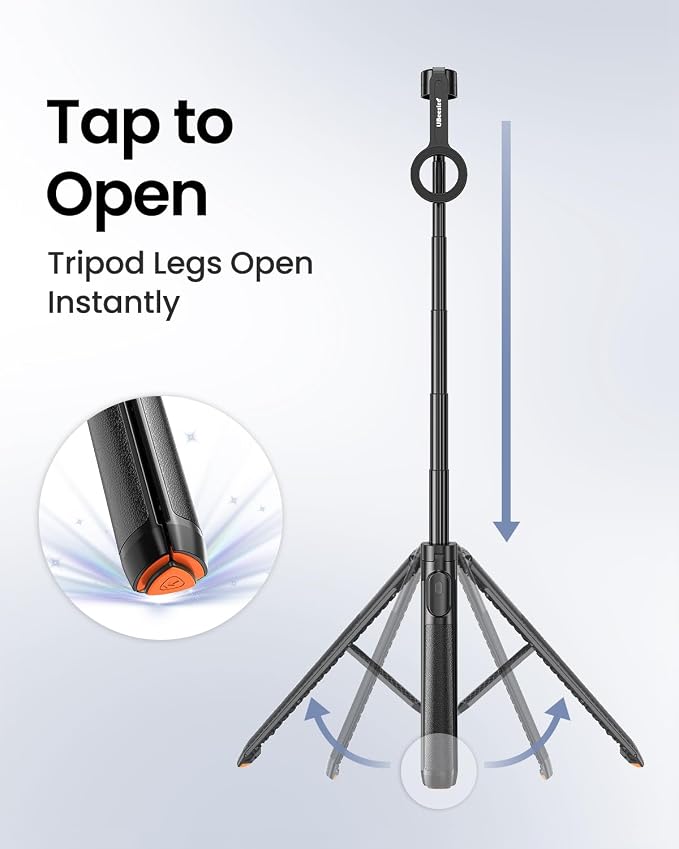 UBeesize 70" Auto-Open Magnetic Tripod for iPhone, MagSafe Selfie Stick with Remote, Portable Phone Stand for Recording, Travel and Vlogging, Compatible with iPhone/Android (Black)