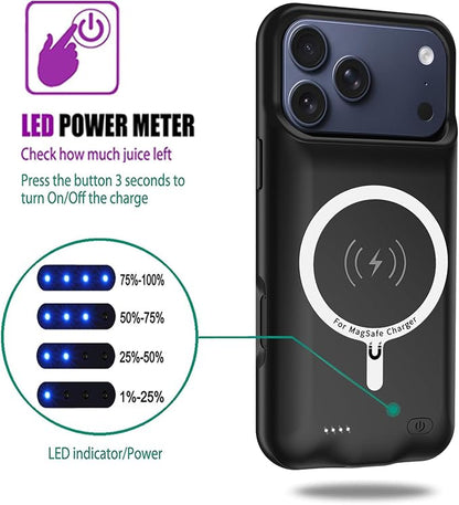 Wireless Charging Case for iPhone 17 Pro,10000mAh High Capacity Portable Rechargeable Extended Battery Case Qi Wireless Charging with iPhone 17 Pro (6.3 inch) Extended Battery Charger Case (Black)