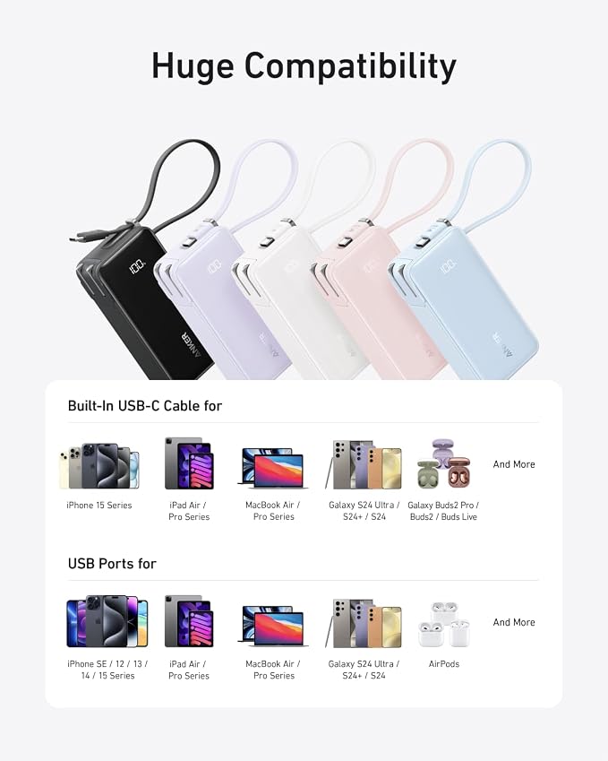 Anker Nano 3-in-1 Portable iPhone Charger, 10,000mAh Power Bank with Built-in USB-C Cable and Foldable Wall Plug, 30W Max Battery Pack, Travel Essentials for iPhone 17/16/15 Series (Blue)