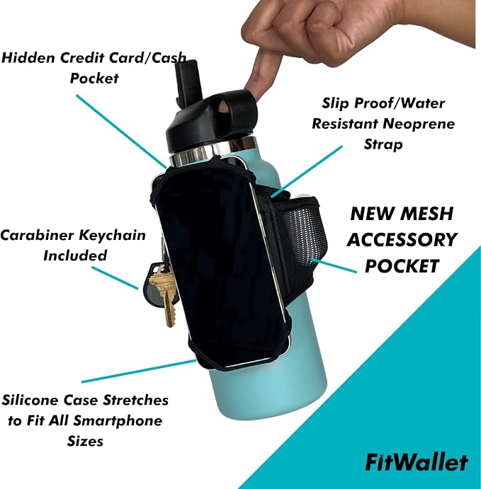 FitWallet™ Water Bottle Phone Holder & Sleeve | Strap Carrier & Pouch for Gym, Running, Hiking, Travel | Gym Bag Alternative Holds Phone, Keys & Accessories