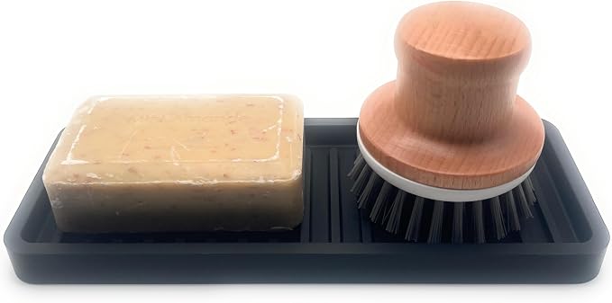 Happitasa Silicone Kitchen Sink Organizer Tray, Sponge Holder and Countertop Protector | Bathroom and Kitchen Soap Dish and Dispenser Tray (Black, 9"x3.5", 5.6 Ounces)