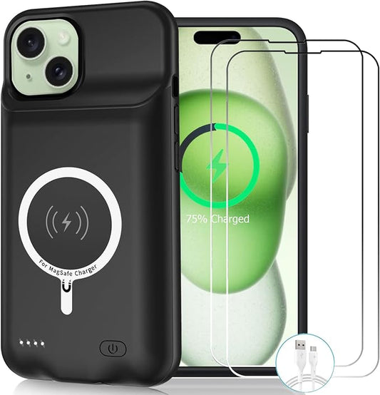 Wireless Charging Case for iPhone 15 Plus, 12000mAh High Capacity Portable Rechargeable Battery Case Wireless Charging Compatible with iPhone 15 Plus (6.7 inch) Extended Battery Charger Case (Black)