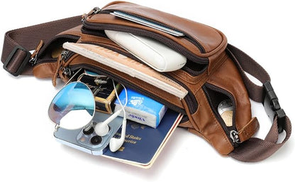 Leather Fanny Pack Waist Bag for Men Women Outdoor Travel Hiking Camping Walking Running Hip Bum Belt Slim Cell Phone Purse Wallet Pouch (#03Brown)