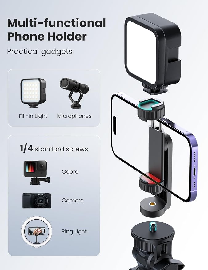 Phone Tripod Mount with 2 Cold Shoes, Smartphone Holder Adapter Rotatable Bracket with 1/4 inch Screw/Adjustable Clip for Video Live Streaming/Recronding