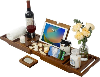 Kiasthome Teak Bathtub Caddy, Expandable Bath Tray, Non‑Slip Luxury Tub Caddy with Wine Phone Tablet Holder, Wooden Bath Accessory for Home Spa and Gift