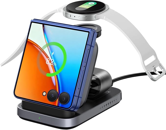 SwanScout Wireless Charger for Samsung Z Flip 7/7 FE/6/5/4/3, 3-in-1 Charging Station for Galaxy Watch 8 Classic/8/Ultra/7/FE/6/5/4, for Motorola Razr 60/50/40, SwanScout 713F (NO Adapter)