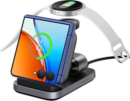 SwanScout Wireless Charger for Samsung Z Flip 7/7 FE/6/5/4/3, 3-in-1 Charging Station for Galaxy Watch 8 Classic/8/Ultra/7/FE/6/5/4, for Motorola Razr 60/50/40, SwanScout 713F (NO Adapter)