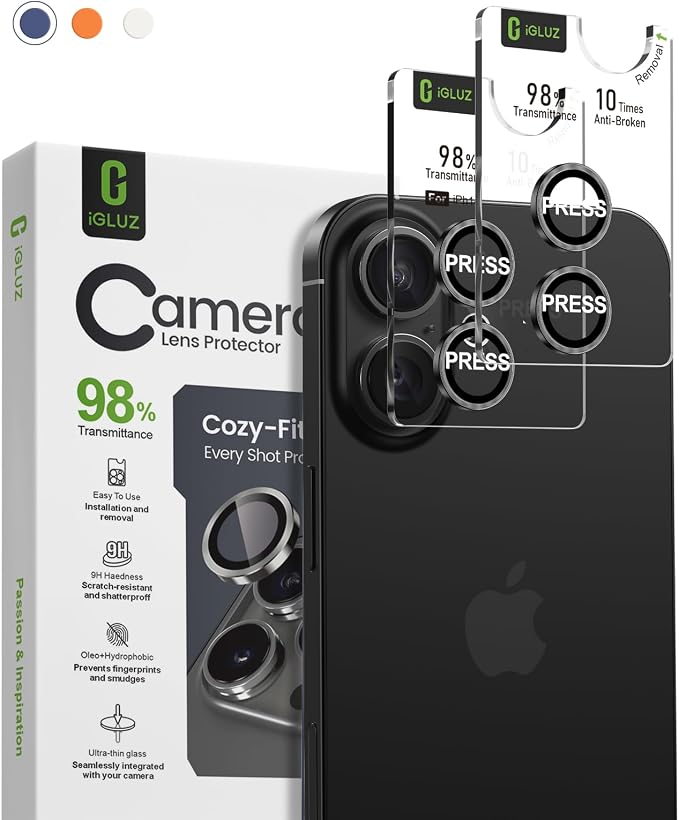 iGluz 2 Pack Anti-Reflection Camera Lens Protector for iPhone 17/16/16 Plus [98% Transmittance][1-Step Installation][Strong Adsorption] 9H Shatterproof Tempered Glass-Black