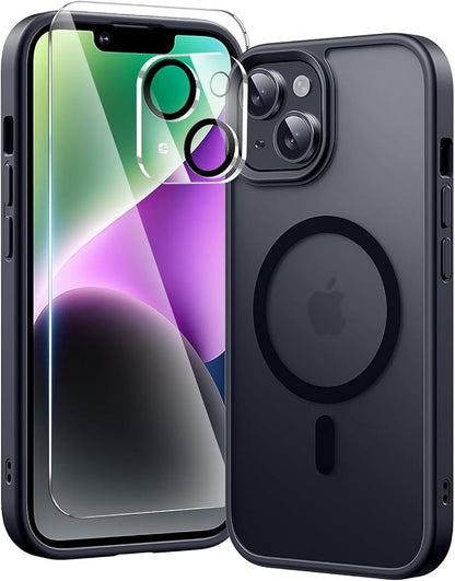 3 in 1 for iPhone 14 Case with MagSafe, Screen Protector*1 Camera Lens Protector*1,Matte Skin Feeling Back Cover Military-Grade Protection for iPhone 14 Phone Case 6.1 inch Matte Black