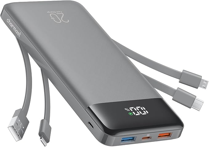 charmast 20000mAh Portable Charger with Built in Cables, 22.5W Travel Power Bank Fast Charging, USB C Cell Phone Battery Pack for iPhone 16/15/14/13/12/11 Series, iPad, Samsung, Android, Tablet