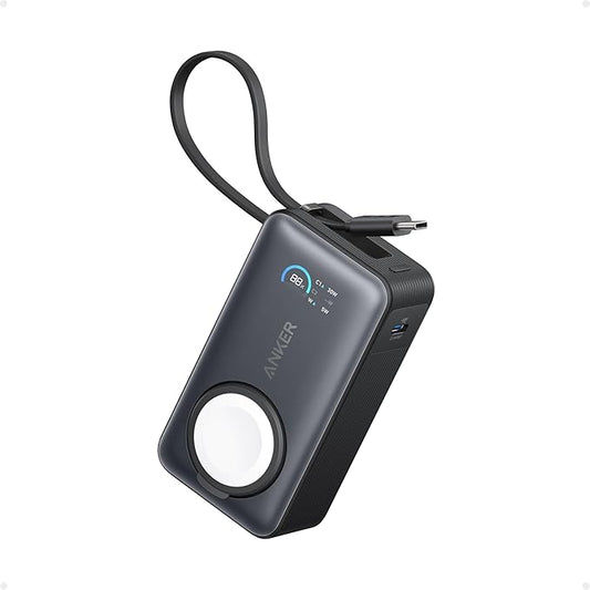 Anker MagGo Power Bank for Apple Watch, Officially Certified 10,000mAh Compact Battery Pack with Built-in USB-C Cable, 35W Max, for iPhone 15 Series, Samsung, iPad, AirPods, and More(Black)