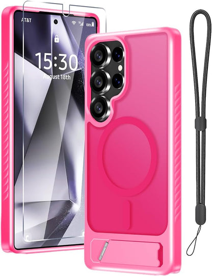 for Samsung Galaxy S25 Ultra Case with Screen Protector+Lanyard Wrist Strap,Magnetic Translucent Matte Rugged Slim Phone Cover Built in Invisible Kickstand [Fit for MagSafe],2025 Hot Pink