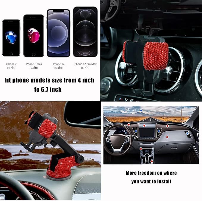 LYCARESUN Bling Car Phone Mount Holder,Shiny Crystal Rhinestone Phone Stand for Women and Girls, Car Accessories for Windshield Dashboard,Compatible with Most Cellphones (red)