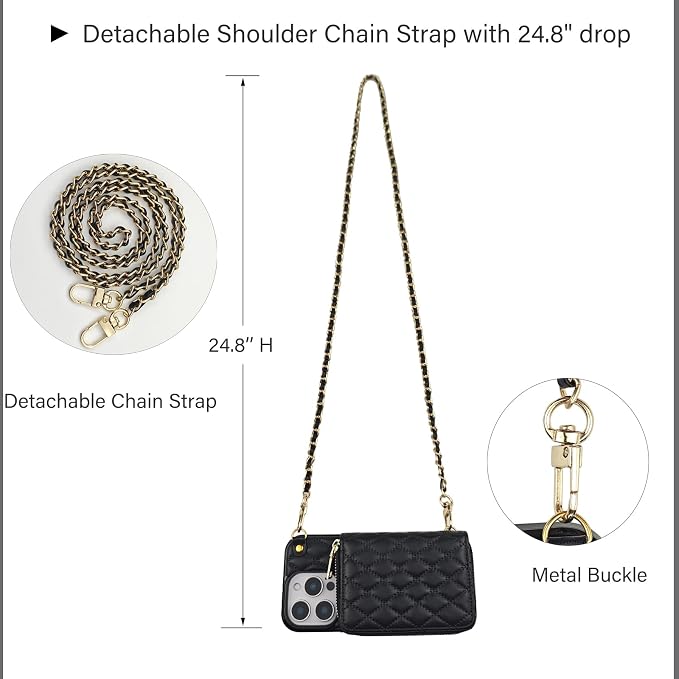 Compatible with iPhone 17 Case Wallet for Women, Stylish Crossbody Wallet Case with Detachable Chain Strap&Card Slots Holder, Quilted PU Leather Kickstand Phone Cases for iPhone 17, 6.3 inch