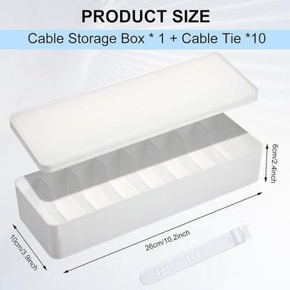 Tatuo 1 Pcs Cord Organizer for Drawer Desktop, Cable Organizer Box with 8 Compartments and Wire Ties, Plastic Charger Storage with Lid, Electronics Case for Home Office Accessories (Small,White)