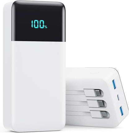 Portable Charger 50800mAh Power Bank with 3 Built in Cables,25W PD QC4.0 Fast Charging USB C Battery Pack,6 Outputs 2 Inputs Travel Essentials Phone Charger for iPhone 17/16/15,Google,Android,White