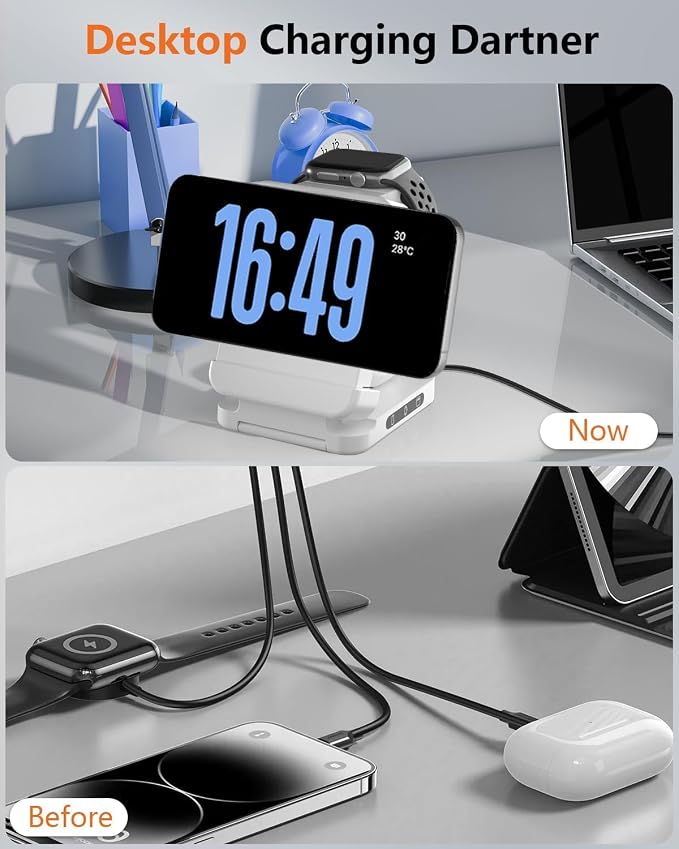 3 in 1 Foldable Wireless Charger, 15W Qi2 Magnetic Charger Stand for iPhone & Samsung, Apple Watch & Galaxy Watch, AirPods & Galaxy Buds, Travel-Friendly, 25W PD Adapter Included (White)