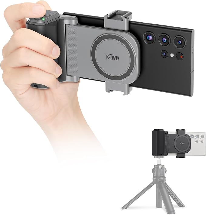 KIWIFOTOS Travel Phone Camera Grip Smartphones Camera Handle with Remote Control & Cold Shoe Mount for iPhone 17 16 Pro Max Samsung S24 S25 Selfie Vlog Video Shooting(Tripod NOT Included)