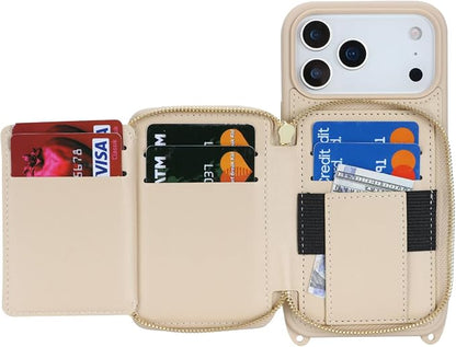 Crossbody Wallet Case for iPhone 17 Pro Max, PU Leather Zipper Handbag Purse Flip Cover, Kickstand Folio Case with Card Slots Holder Wrist Strap Lanyard 5G 6.9 Inch-White