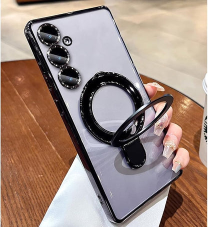 Magnetic Case for Samsung Galaxy S24 Case Stand & Ring Holder Compatible with MagSafe Built-in Camera Lens Protector Shockproof Phone Case for Samsung S24 - Black