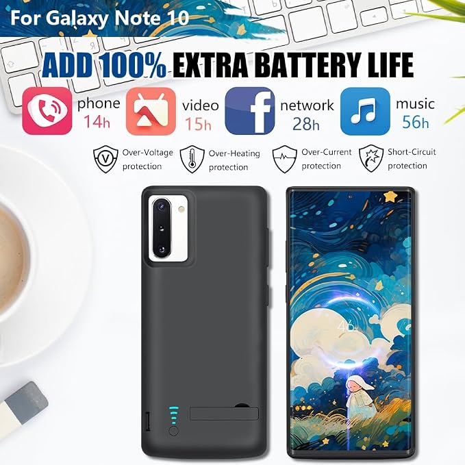 [Upgraded Battery Case for Samsung Galaxy Note 10, 5000mAh Rechargeable Extended Battery Charging Charger Case, Add 100% Extra Juice (6.3 Inches) Black