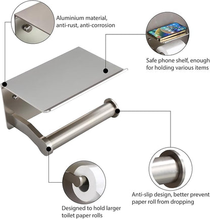 Homely Trove Toilet Paper Holder with Shelf - Self Adhesive Tissue Towel Dispenser or Wall Mounted Toilet Paper Roll Holder - Rustproof Bathroom Phone Holder Tissue Holder Brushed Nickel