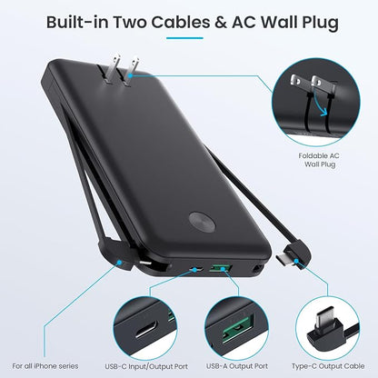Portable Charger for iPhone with Built in Cables & Wall Plug,10800mah Travel Essentials Power Bank,4 Output LCD Display External Battery Pack Phone Charger for iPhone 17/16/15/14,Galaxy,Android etc
