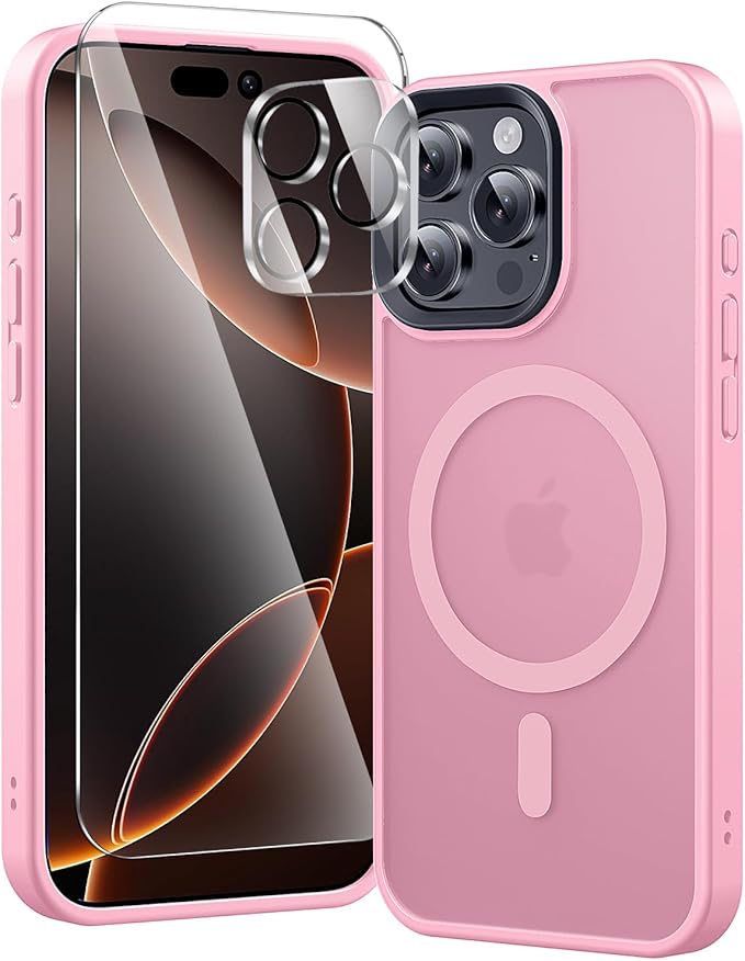 3 in 1 for iPhone 16 Pro Max Case with MagSafe, Screen Protector*1 Camera Lens Protector*1,Skin Feeling Back Military-Grade Protection for iPhone 16 Pro Max Phone Case 6.9 inch Pink