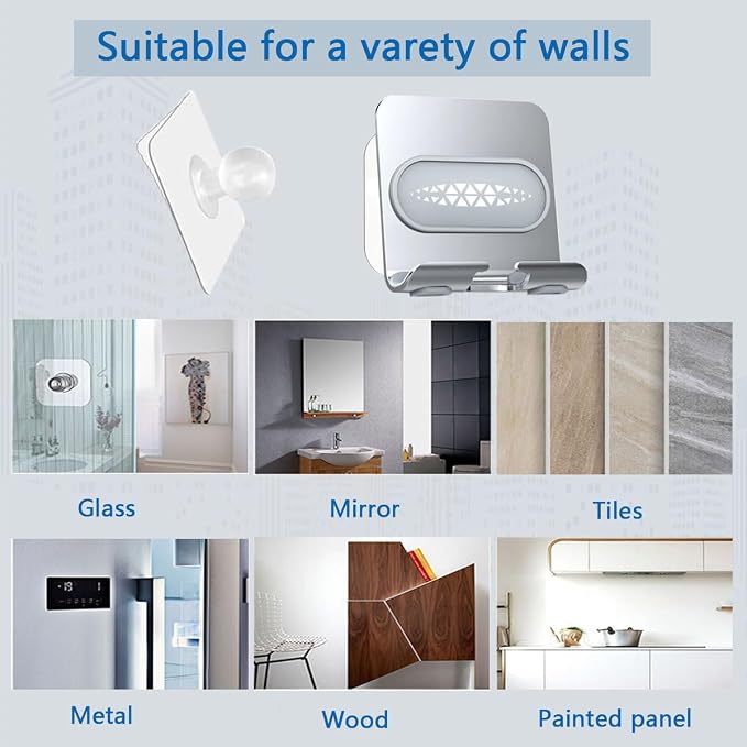 Shower Phone Holder with 2PCS Adhesive Stickers,Wall Mount Phone Stand for Bathroom,Kitchen,Office and More,Compatible with Smartphone (Silver－Gray)