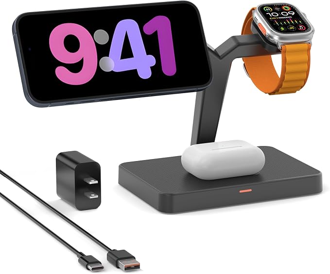 GEEKERA Magnetic 3 in 1 Wireless Charging Station, Fast Wireless Charger Stand Dock, Wireless Charger for iPhone 16/15/14/13/12 Pro Max, Apple Watch 10/9/8/7/6/SE/5/4/3/2, AirPods 4/3/2/Pro