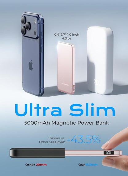 Magnetic Portable Charger, 5000mAh Ultra Slim Power Bank, 15W Fast Charging for Magsafe Battery Pack, Travel Essential Wireless Charger Compatible with iPhone 17/16/15 Series - Rose Gold