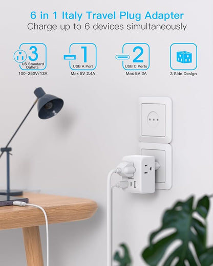 One Beat 2 Pack Italy Travel Plug Adapter, Type L Italy Power Adapter with 3 Outlets 3 USB Ports(2 USB C), 6 in 1 Travel Outlet Adaptor, 3 Prong Grounded Plug for USA to Italy, Chile, Uruguay