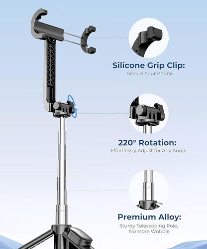 67” Selfie Stick Tripod for iPhone, Lightweight Travel Phone Tripod with Wireless Remote, Extendable Cell Phone Stand for Photography, Video & Live Streaming – Black