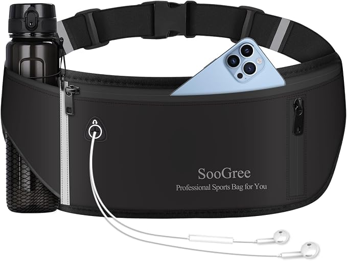 SooGree Slim Running Belt Fanny Pack, Resistant Waist Pack Money Belt Bag for Hiking Cycling Workout, Gym Phone Holder with Adjustable Strap (Black)