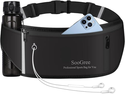 SooGree Slim Running Belt Fanny Pack, Resistant Waist Pack Money Belt Bag for Hiking Cycling Workout, Gym Phone Holder with Adjustable Strap (Black)