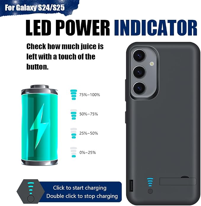 Upgraded Battery Case for Samsung Galaxy S25 / S24, 5000mAh Rechargeable Extended Battery Charging Charger Case, Add 100% Extra Juice, Not Compatible with S24+ or S24 Ultra (6.2 inch) Black
