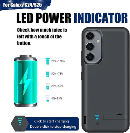 Upgraded Battery Case for Samsung Galaxy S25 / S24, 5000mAh Rechargeable Extended Battery Charging Charger Case, Add 100% Extra Juice, Not Compatible with S24+ or S24 Ultra (6.2 inch) Black